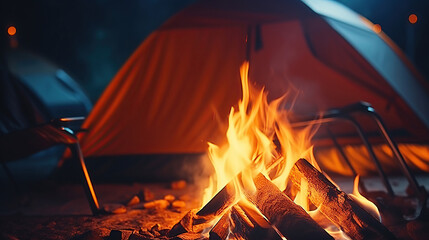 A warm bonfire flickers in a mountainous tourist camp.