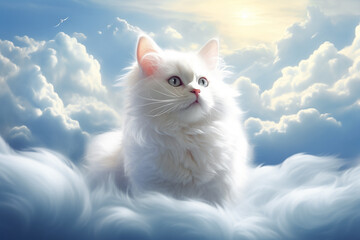 White cat in heaven, big clouds, life after death