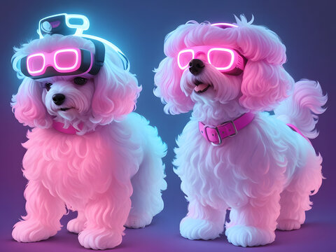 Puppies With VR in a Neon-Lighted Ambience