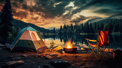 Relaxing in a camping chair by the tent amidst nature's beauty.