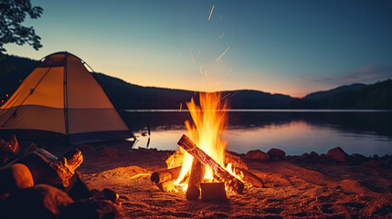 Against a tranquil lake valley, a campfire creates a picturesque scene.