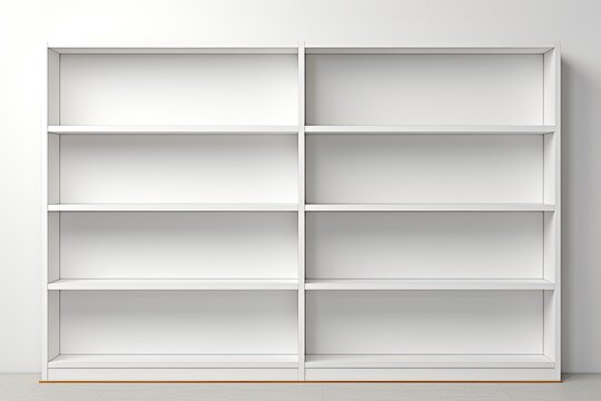 Empty white bookcase shelves isolated in interior