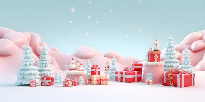 3d santa claus cute cartoon background with snowflakes, gifts and presents in the style of light teal, minimalist pastel colored landscapes, AI generate