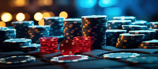 A close-up of red dice, game cards, and colorful chips on a casino gaming table, embodying the concepts of gambling, betting, and leisure. - obrazy, fototapety, plakaty