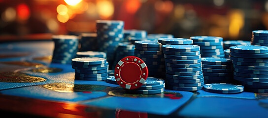 A close-up of red dice, game cards, and colorful chips on a casino gaming table, embodying the concepts of gambling, betting, and leisure. - obrazy, fototapety, plakaty