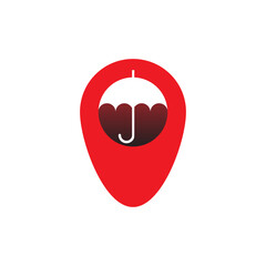 Umbrella and pin merged in a single design simple business icon logo. Suitable for weather, security, travel, any industries.