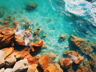 Swirling summer hues, Sky blue water kisses rocky shore, vibrant dance of nature's palette