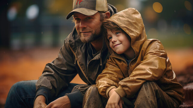 Man And Son With Baseball Cap Smiling At At Baseball Stadium.	
