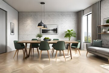 Contemporary interior design of dining room with communal table against brick wall and open plan living room with simple sofa and plant decoration on textured gray wall