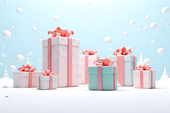 3d cartoon christmas gift box with snowflakes in the style of light teal, minimalist pastel colored landscapes, AI generate