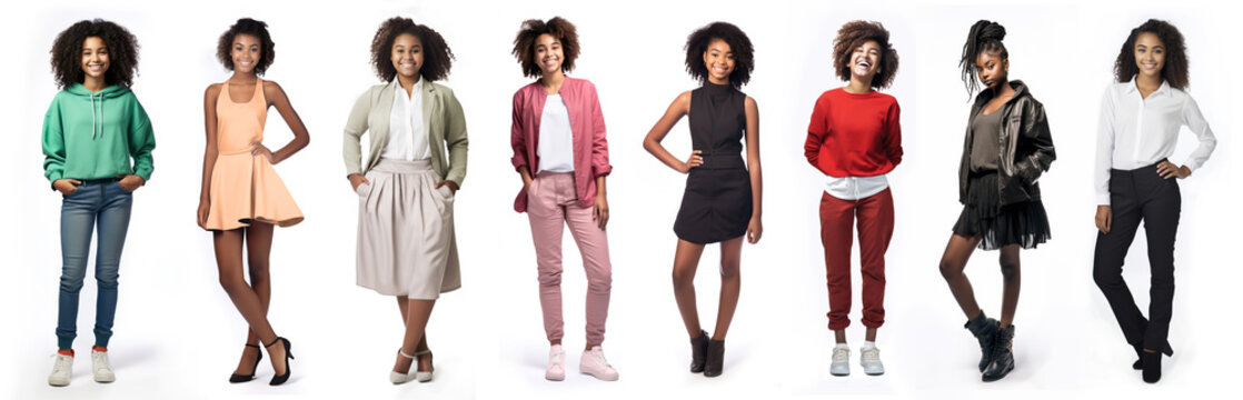 Group of full body black teenage girls, standing, in different ages, sizes, poses, expressions, hairstyles, clothing, separately isolated on a white background.