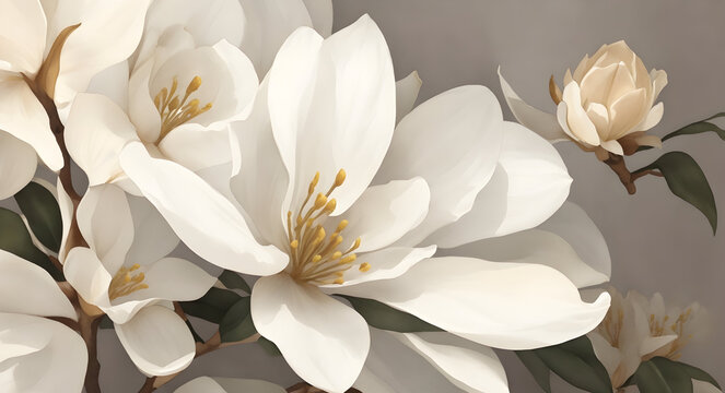 Watercolor painting floral digital art wall decor. White magnolia flower in watercolor artistic background wallpaper. Golden white and gray flowers for wall canvas decor. Ai generative