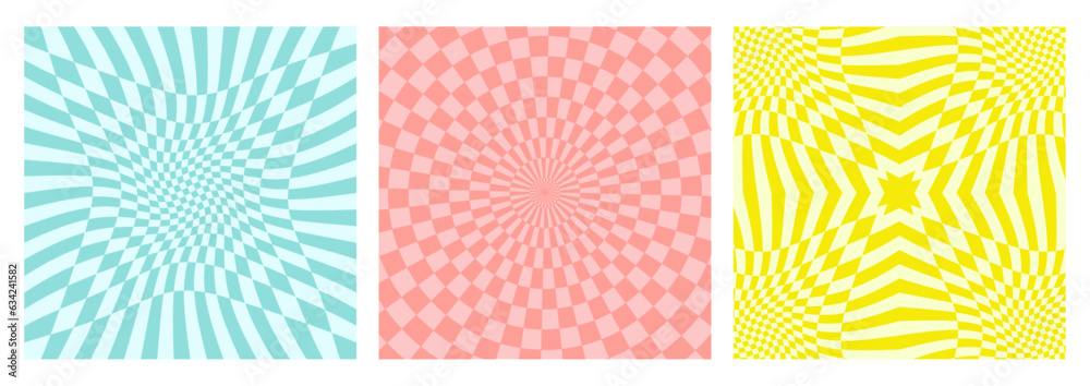 Leinwandbilder Set of groovy retro backgrounds. Abstract posters with swirl and checkered texture. Trendy vector backgrounds in retro psychedelic style