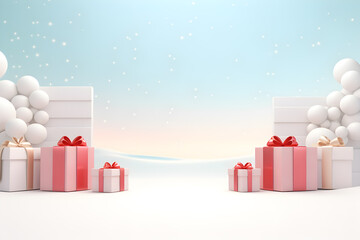 blank stage illustration in 3d with present boxes and snow, in the style of light teal and light pink, Empty display of presentation product, AI generate