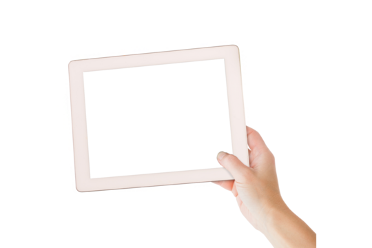 Digital png photo of caucasian hand holding tablet with copy space on transparent background