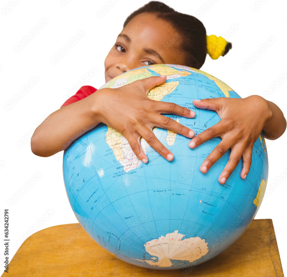 Poster Digital png photo of happy african american schoolgirl hugging globe on transparent background