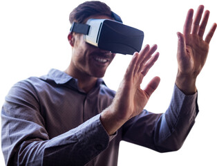 Digital png photo of happy caucasian man wearing vr headset on transparent background