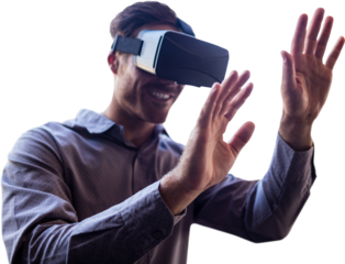 Digital png photo of happy caucasian man wearing vr headset on transparent background