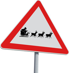 Digital png illustration of red warning road sign with santa in sleigh on transparent background