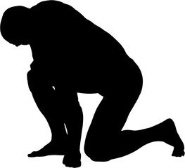 Digital png silhouette of barefoot man crouching on floor on transparent background