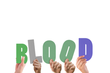 Digital png illustration of dive4rse hands holding blood text letters on transparent background