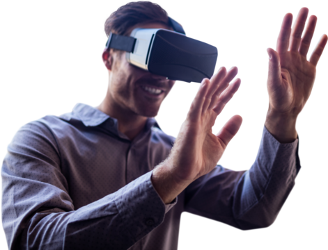 Digital png photo of happy caucasian man wearing vr headset on transparent background