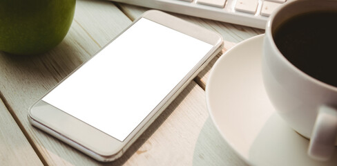 Digital png photo of table with coffee and smartphone with copy space on transparent background