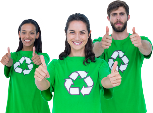 Digital png photo of diverse friends in recycling t shirts with thumbs up on transparent background - Powered by Adobe