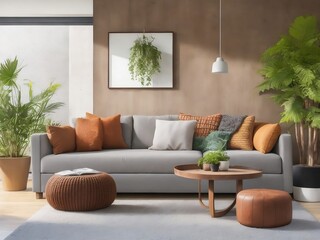 A cozy living room with a brown sofa, a wooden table, a lush green plant, and a concrete wall