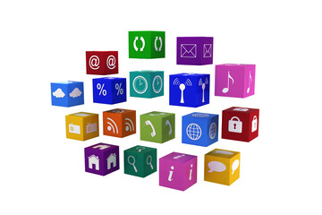 Digital png illustration of cubes with technology icons on transparent background