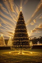 Golden Christmas tree with bright lights wallpaper banner xmas Ai Generated