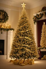 Golden Christmas tree with bright lights wallpaper banner xmas Ai Generated