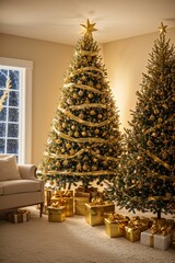 Fototapeta premium Golden Christmas tree with bright lights wallpaper banner xmas Ai Generated