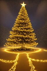 Golden Christmas tree with bright lights wallpaper banner xmas Ai Generated