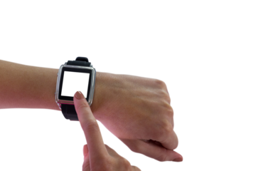 Digital png photo of hands of caucasian woman using smartwatch on transparent background