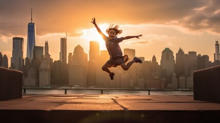 child jumping in sunset