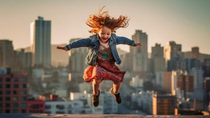 Fototapeta na wymiar child jumping in sunset