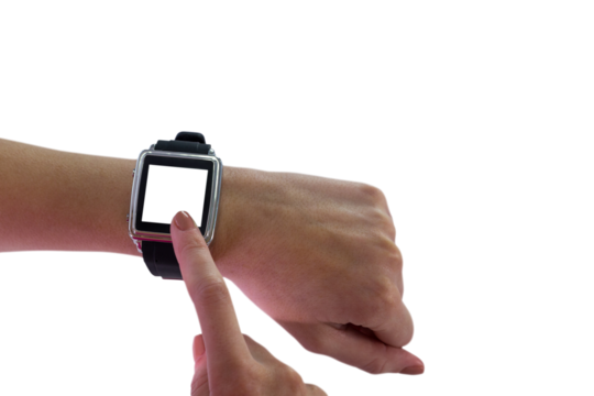 Digital png photo of hands of caucasian woman using smartwatch on transparent background