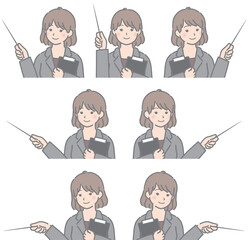 バインダーを持ち、色々方向を指し示す若い女性（スーツ）