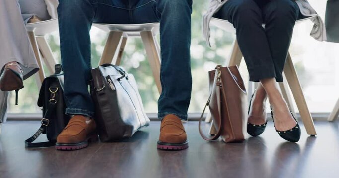 Job interview, row and feet of business people in waiting line for recruitment offer at HR office. We are hiring, lobby and legs of candidates in a queue for meeting, onboarding or company startup