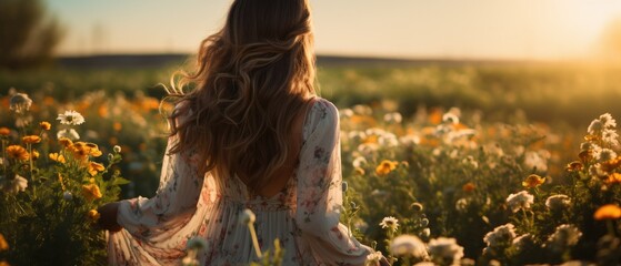 seen back woman at spring landscape, field	