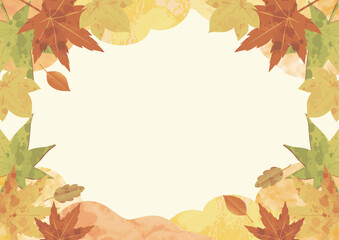 秋　フレーム　もみじ　紅葉　水彩　風景　背景　コピースペース　イラスト素材　ヨコ