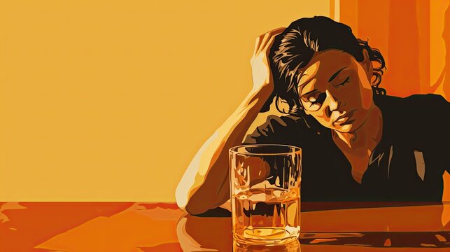 Woman sitting at a bar alone, concept of alcohol addiction/alcoholism