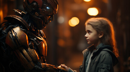 Fototapeta na wymiar Girl shaking hands with a robot. Generative Ai