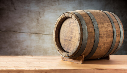 Wooden barrel on a table and textured background