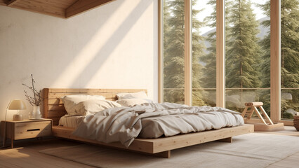 Wooden bed and white bedding in a bedroom with natural light, warm and peaceful interior