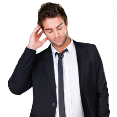 Thinking, headache and businessman in a suit, sick or pain from burnout. Young, tired and unhappy corporate employee with a migraine, anxiety or stress isolated on a transparent png background