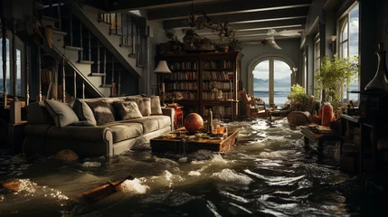 Foto op Canvas Flooded house with rooms full of water. Generative Ai © andranik123