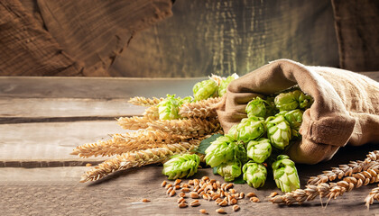 Beer brewing ingredients Hop in bag and wheat ears on wooden cracked old table. Beer brewery...