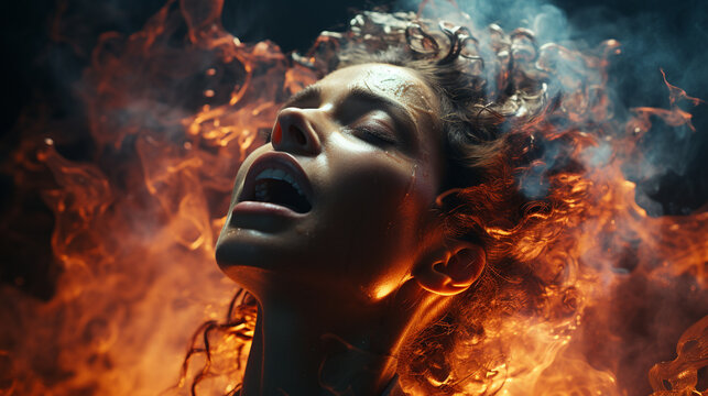 Human head on fire. Mental health concept with a human whole head fracturing and exploding. Generative Ai